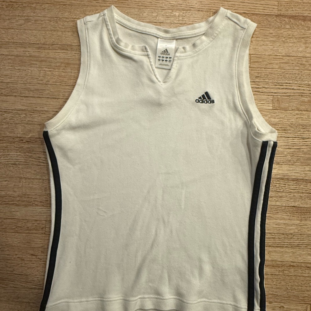 VINTAGE 90s Adidas White Tank Top Fitted with Black Stripes